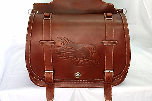 Sacoches cavalières moto en cuir gras et vieilli marron cognac avec décrations custom pour Harley, Kawasaki, Honda et Yamaha