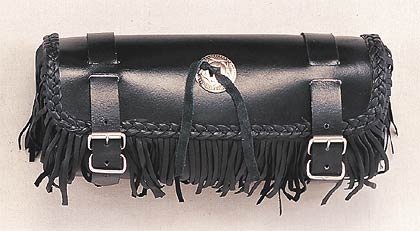 Sacoche outils pour guidon de moto, universelle en cuir, costum avec franges, cuir tressé et conchos