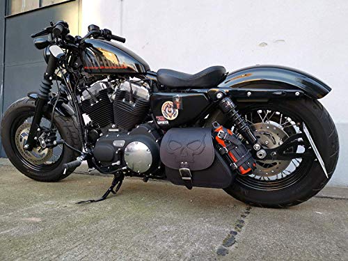 Sacoches cavalière moto custom avec tête de mort en cuir noir Ortelanos pour Harley